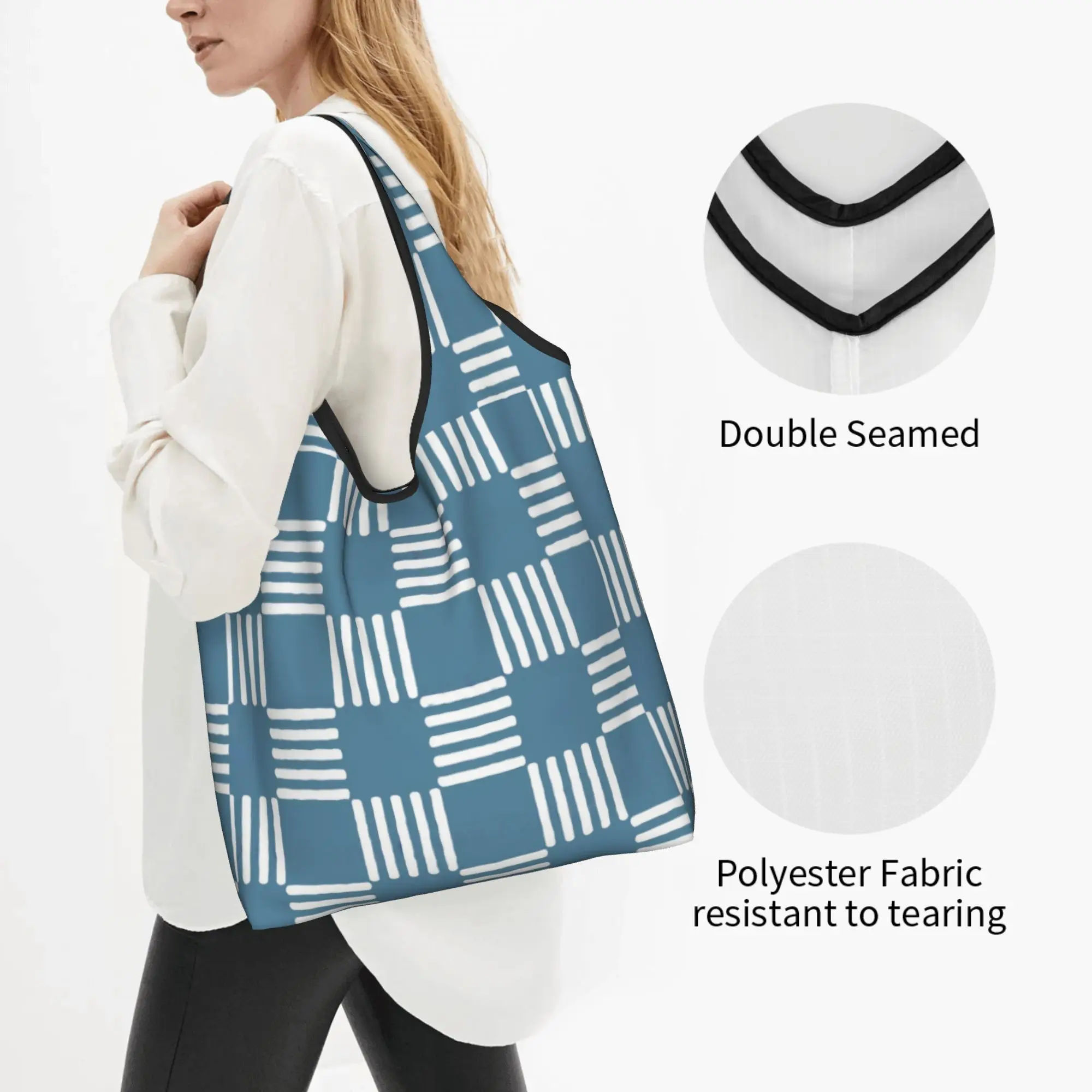 Funny Printing Plaid Checkerboard Teal And White Checks Tote Shopping Bag Portable Shopper Shoulder  Handbag