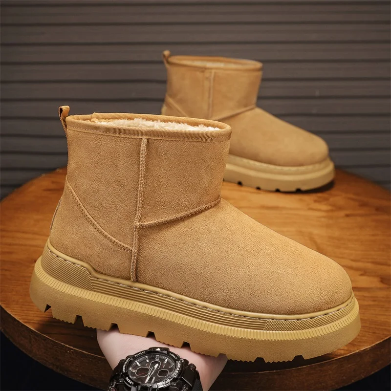 

Брендовые оригинальные флисовые теплые однотонные уличные ботинки большого размера на плоской подошве с круглым носком, удобные и теплые уличные зимние ботинки