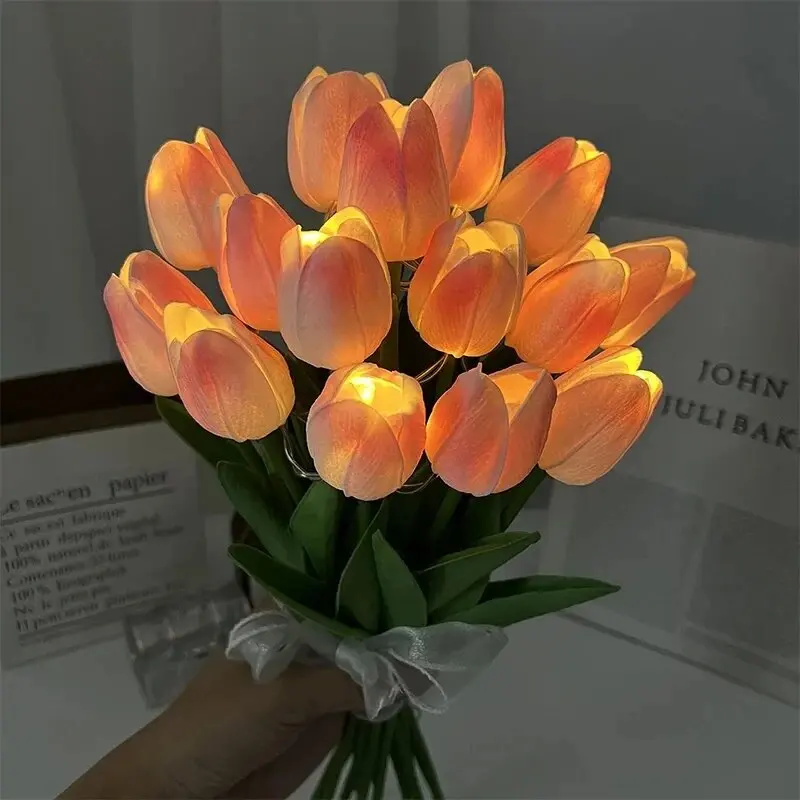 10pcs LED Tulips Artificial Flowers PU Tulip Fake Flower Bouquet Night Light for Home Garden Decoration Wedding Birthday Gift