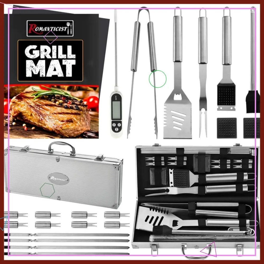 

23pcs BBQ Grill Accessories Set with Thermometer & Grill Mats for Outdoor Camping - Stainless Steel Barbecue Tool Gift