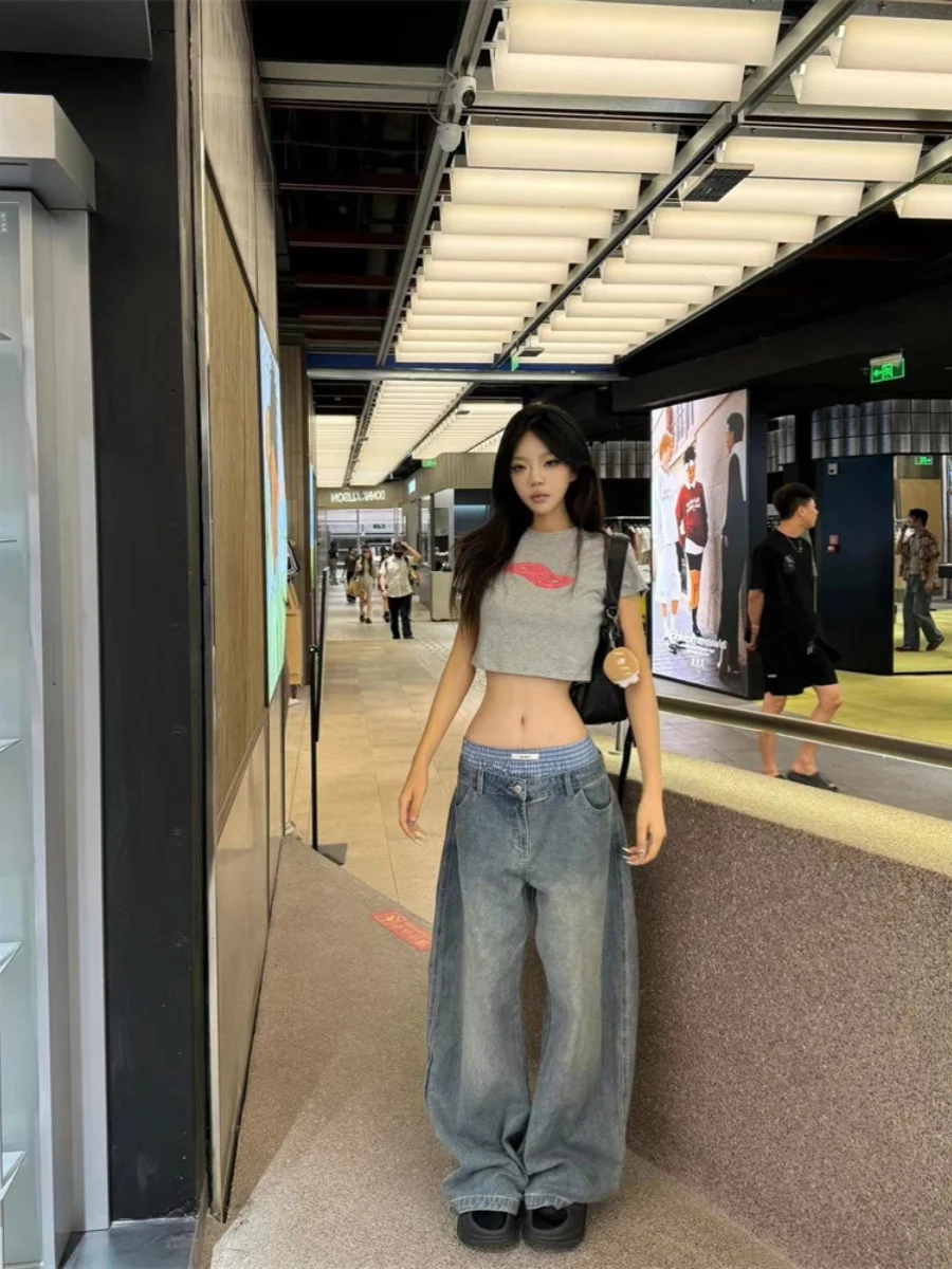 

Waed Vintage Patchwork Low Waist Wide Leg Casual Slimming Floor-Length Jeans Original Design Autumn Season Girls Loose Fit