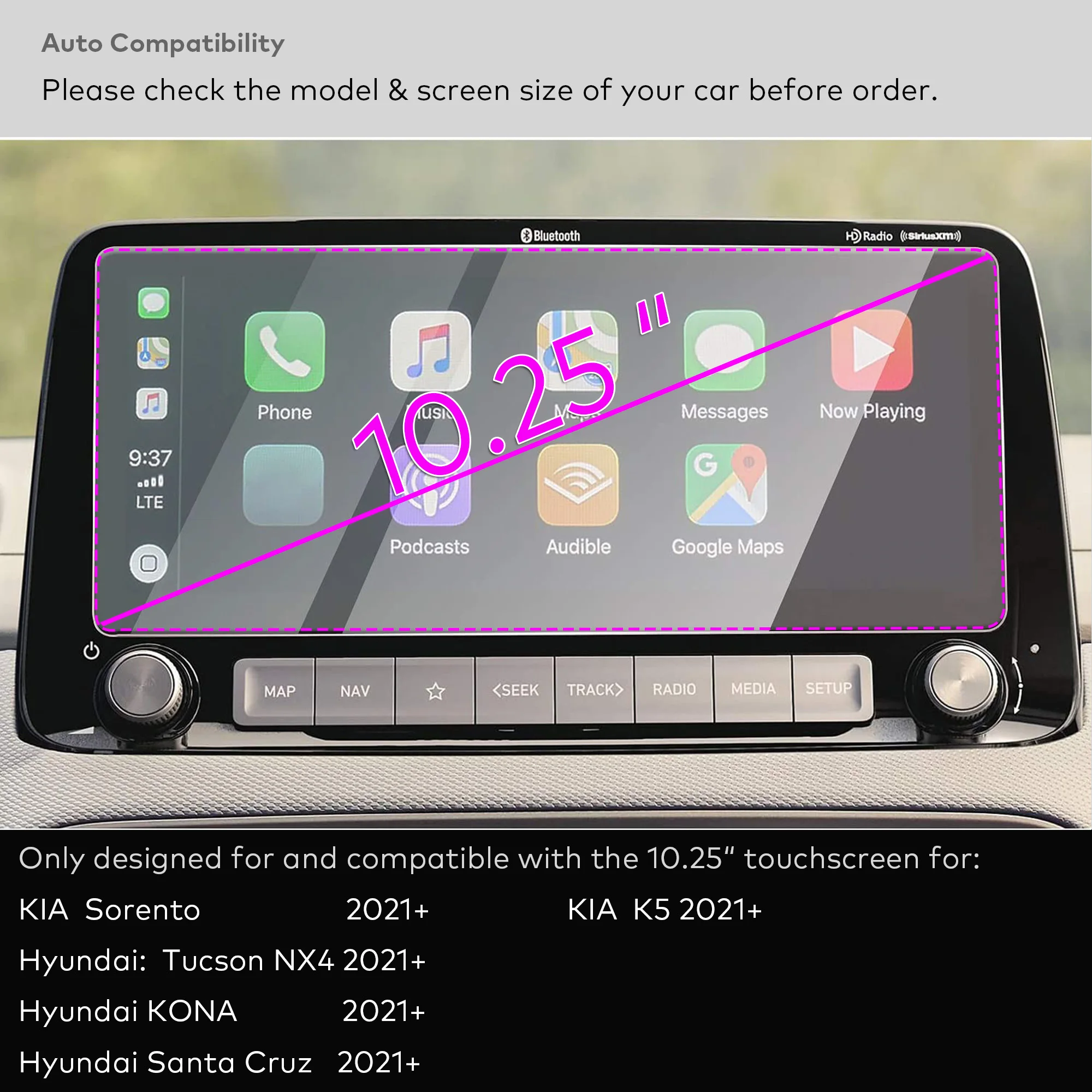 واقي شاشة من الزجاج المقسى لهاتف KIA K5/Sorento (2021-2024)، Hyundai Kona/Santa Cruz/Tucson (2022-2024) Infotainment 10.25"