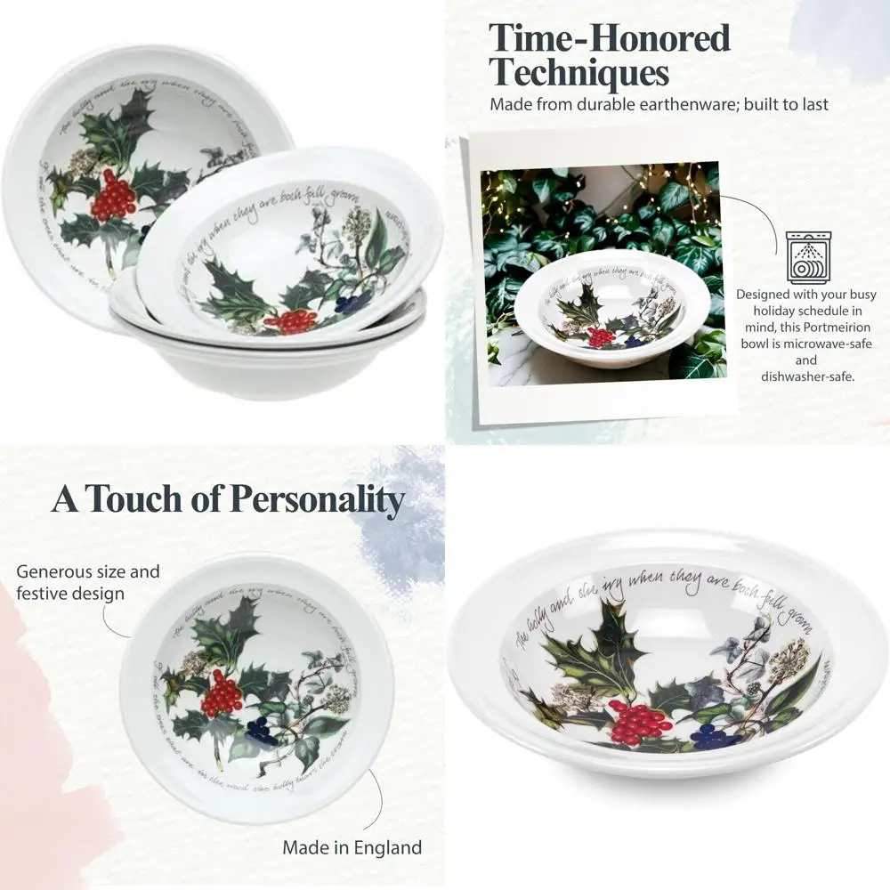 

Набор из 6 мисок для хлопьев Holly and Ivy Design 6,5 дюйма — безопасный для посудомоечной машины и микроволновой печи, глиняная посуда с ручным декором, идеально подходит для