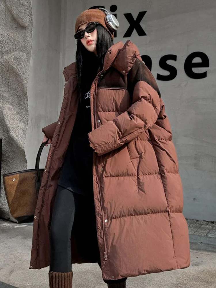 2025 hiver longue doudoune femme Parkas à capuche épissé épaissir chaud lâche pardessus femmes 90% blanc canard bouffant manteau vêtements d'extérieur