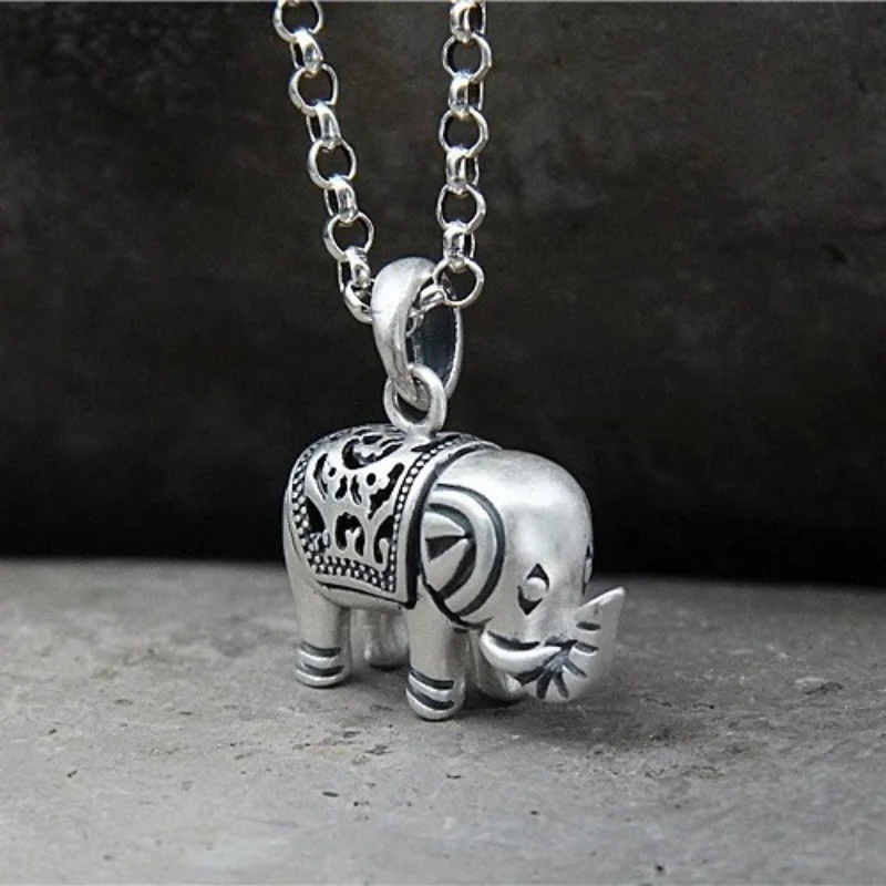 

925 silver hollowed out elephant necklace, vintage Thai silver sweater chain, birthday gift for elders