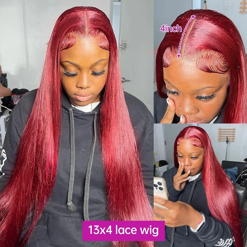 Perruque Lace Front Wig Naturelle Lisse Bordeaux 99J, Cheveux Humains, Couleur Rouge, 13x4, 13x6, Transparente, pour Femme