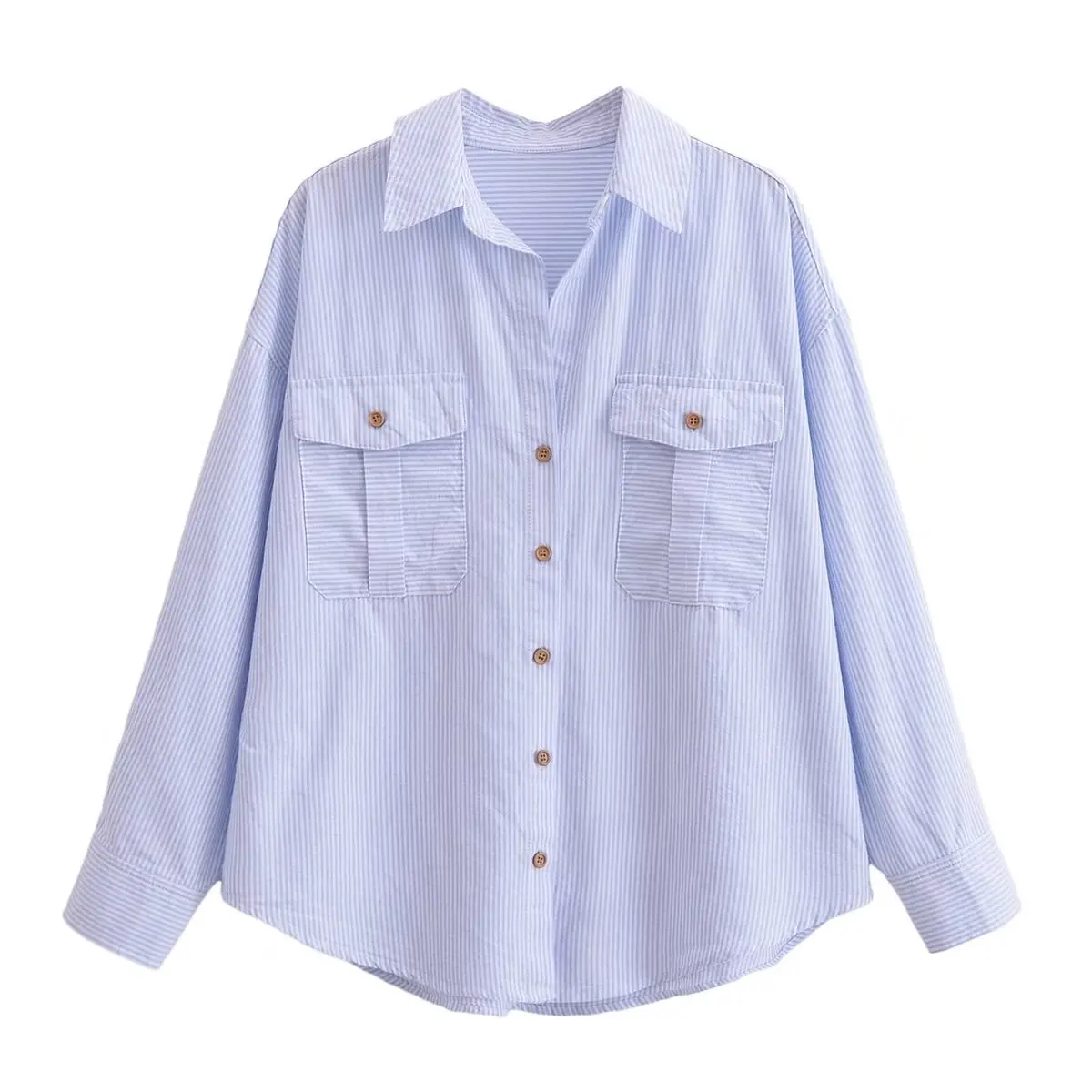 Camisa feminina com listras de manga longa, blusa casual feminina, bolsos minimalistas murchados, azul solto, moda pendulares