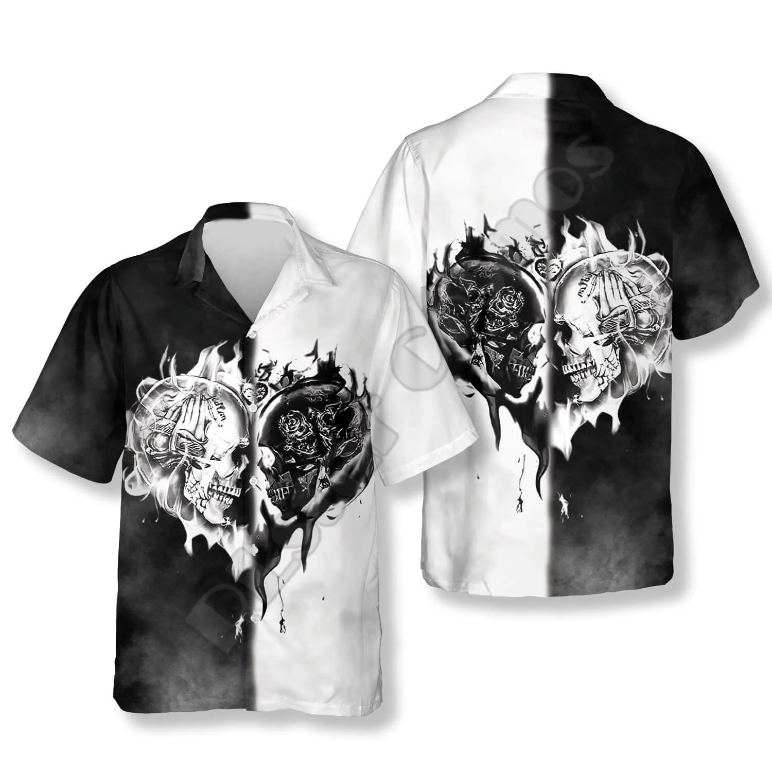 

Skull Love Black White Flame Skull Hawaiian Shirts New Fashion 3D Printed Shirts Summer Beach Short Sleeve Casual