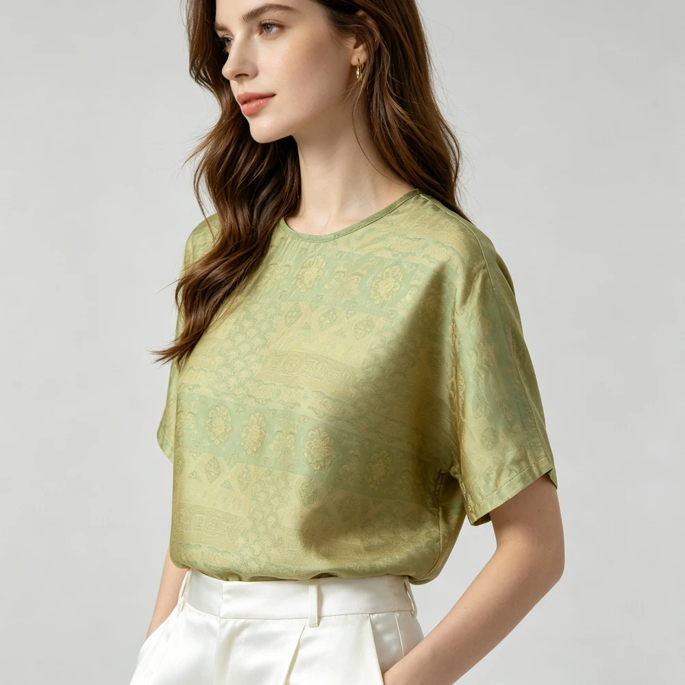 Women's Summer Clothing 100% Natural Mulberry Silk Floating Light Brocade Wide Pine Yellow Green Round Neck Short Sleeve T-shirt
