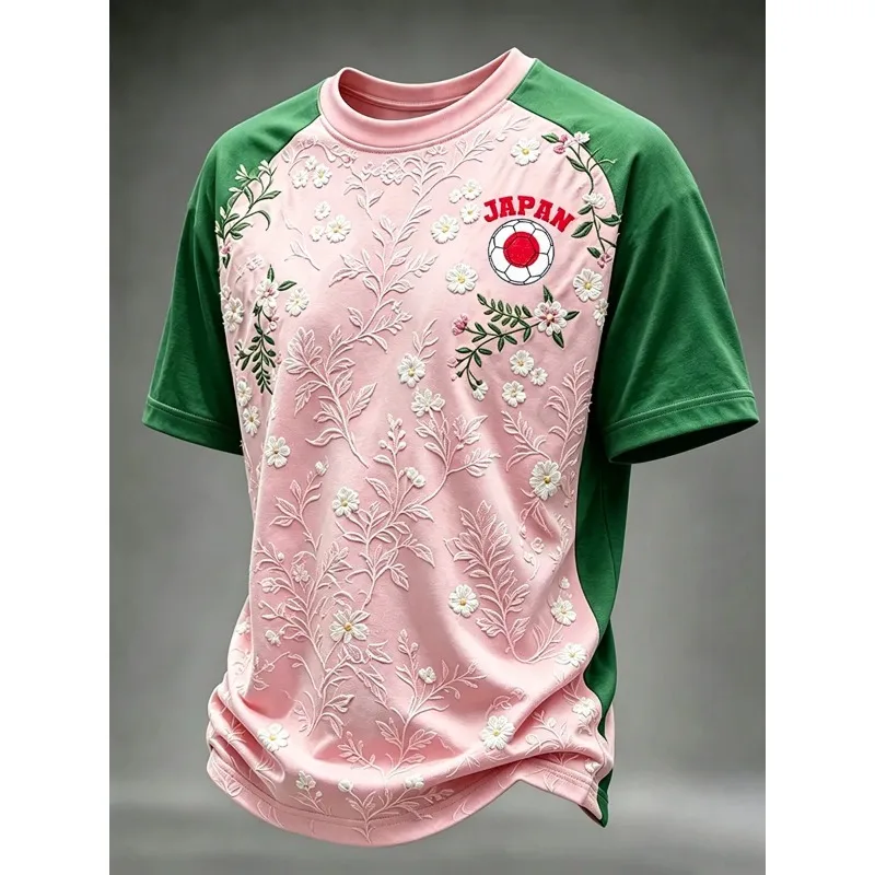 Japan Themed Soccer Jersey Floral 3d Tee Pink Green Sleeve Top Quick Dry Breathable Sports Shirt Unisex Style Casual Apparel
