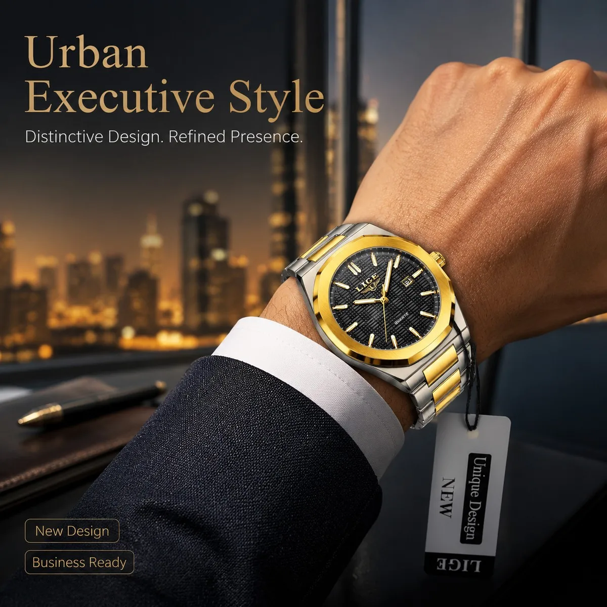LIGE Men's Business Quartz Watch Minimalist Grid-Pattern Stainless Steel Strap Wristwatch with Calendar Function Reloj Hombre