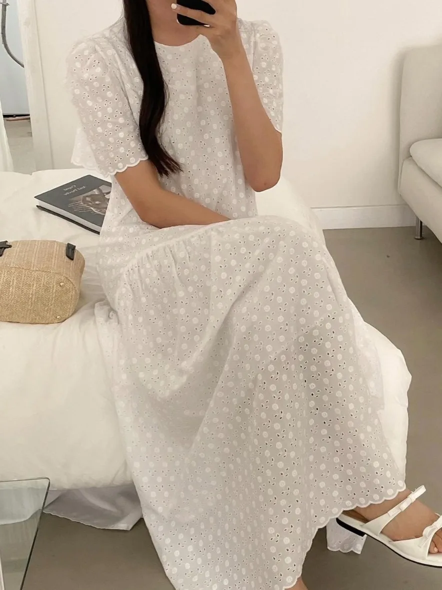 

Ele Summer New Sle Women's Dr Long Skirt ort Sve Heavy Embroidery Lace Hollow out Design Cotton 00%