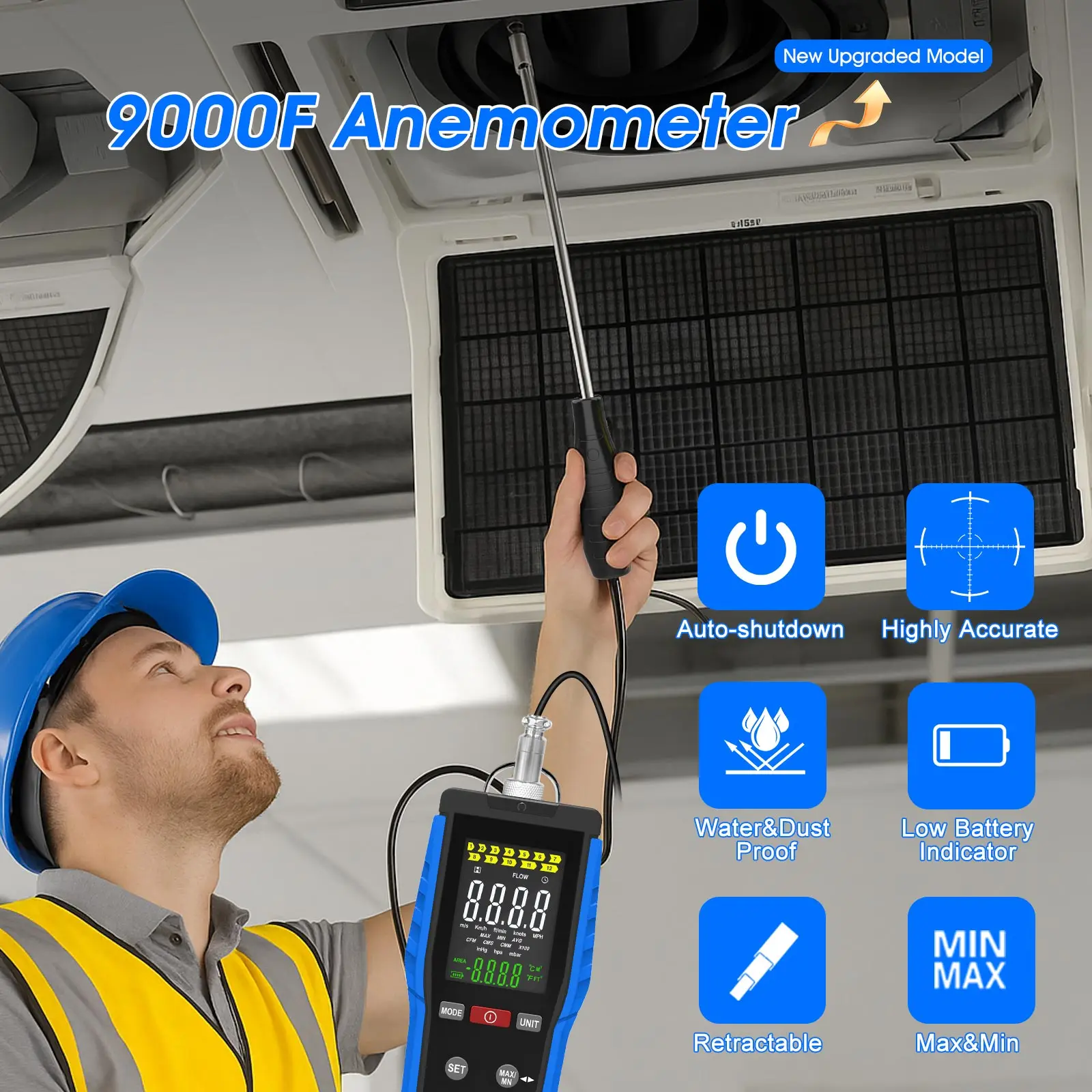 

Handheld anemometer with extendable handle, used for measuring environmental and air conditioning monitoring systems