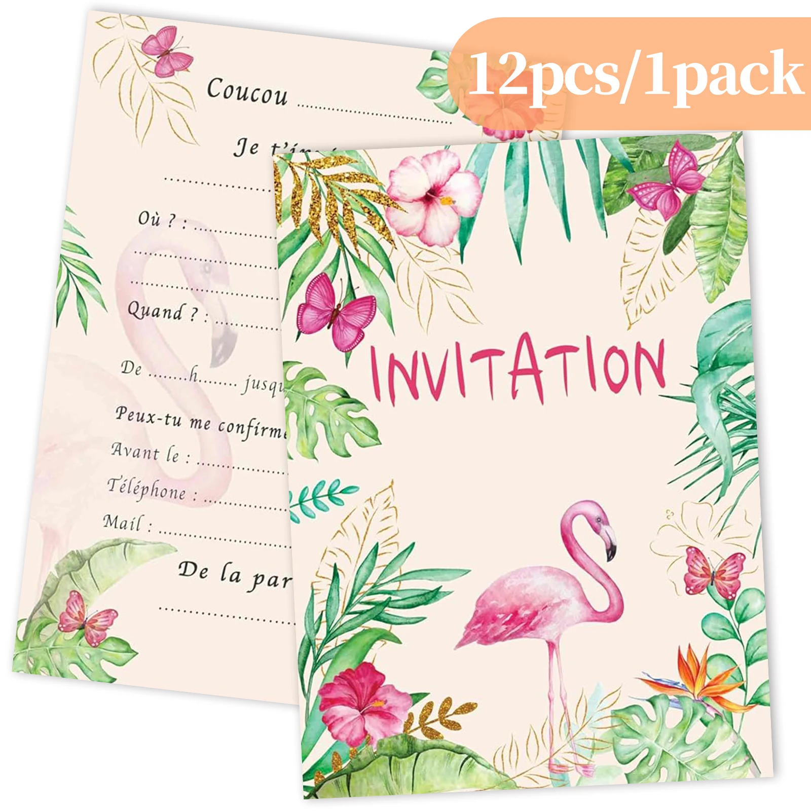 12 cartes d'invitation d'anniversaire françaises avec des thèmes de tropical, de flamant rose, de papillon, de fleur, cartes d'invitation de fête pour dames et