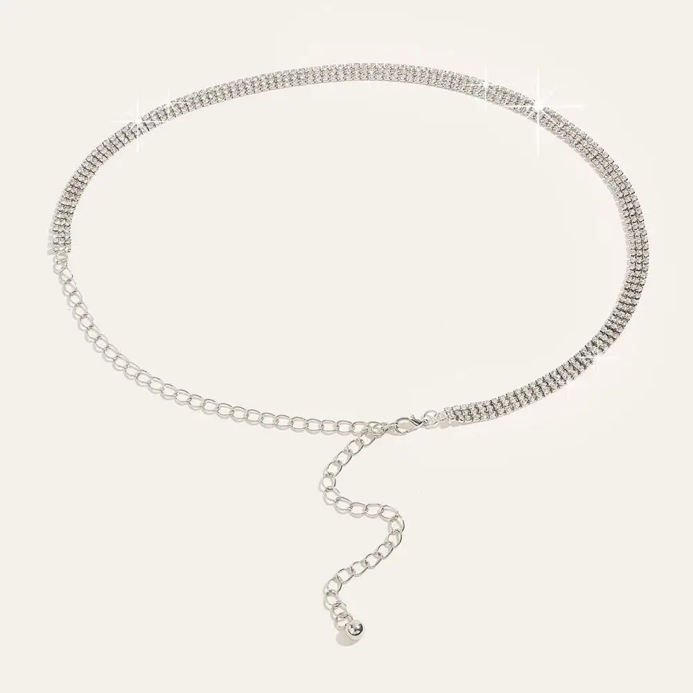 Simple Bling Zircon Inlaid Waist Belt Adjustable 3 Rows Rhinestone Waistband Long Chain Luxury Crystal Waist Chain Ladies