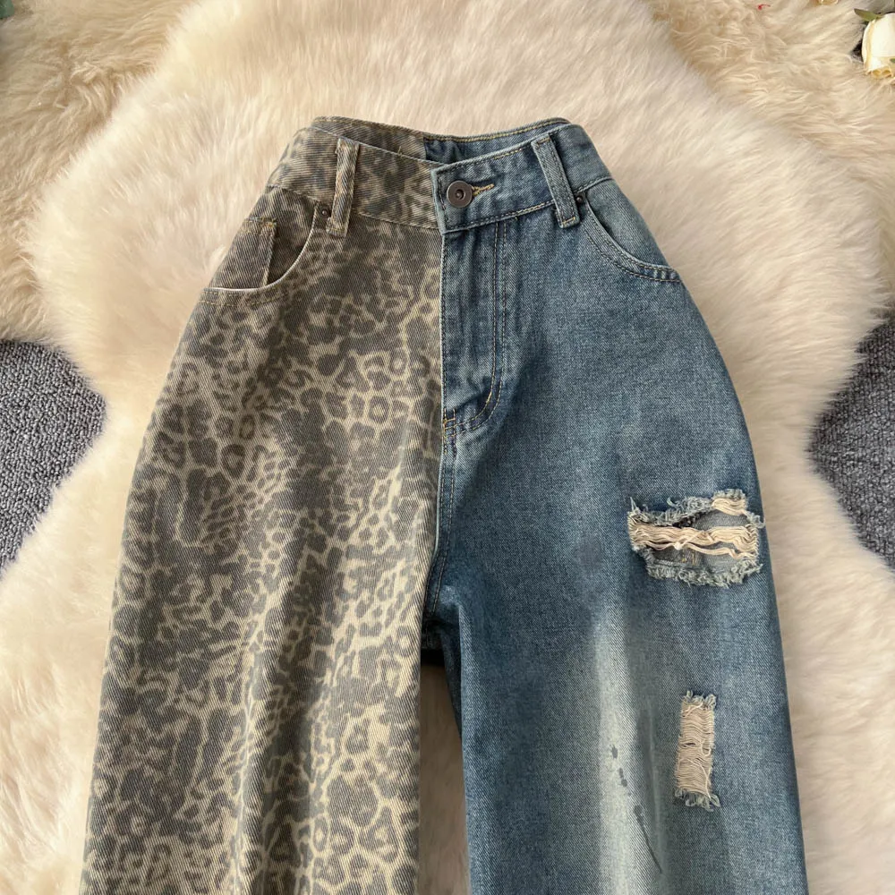 Leopard Splicing Jeans for Women 2026 Spring Autumn New Blue Distress Straight Wide Leg Pants Personalized Zipper Trousers