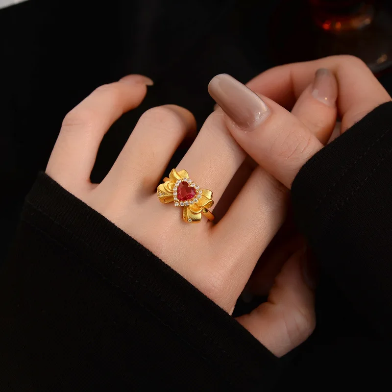 9999 gold full-cut rhodium-plated heart-shaped butterfly knot ring - elegant and simple open finger ring