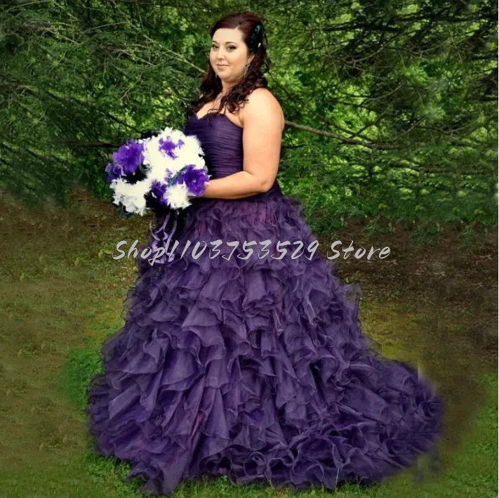 Elegant Deep Purple Ruffle Wedding Dress Sweetheart A-Line Gothic Tier Laced Tulle Vintage Sheath Floor Length Bridal Gowns