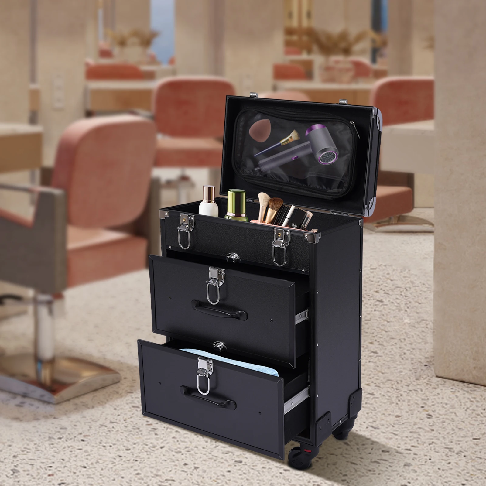 

36*23*58cm Rolling Makeup Case Large Cosmetic Trolley with Locks Cosmetics Storage Organizer for Nail Art/Hair Styling
