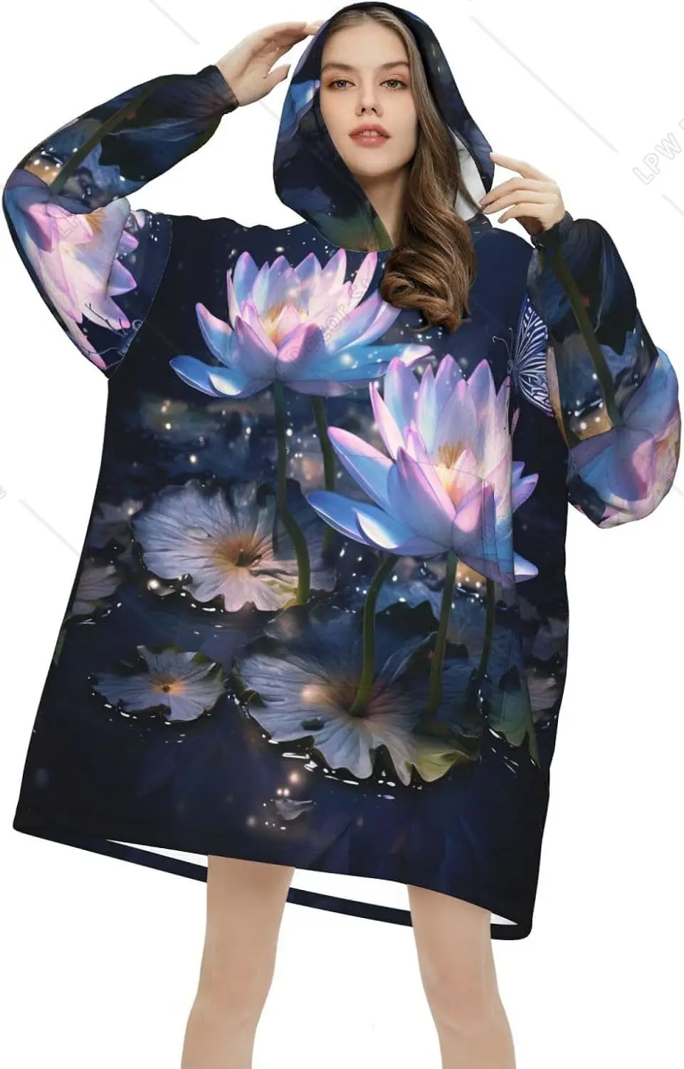 Fantasy Waterlily Wearable Blanket Hoodie Lotus Butterfly Oversized Sweatshirt Blanket Cozy Warm Sherpa Hooded Blanket
