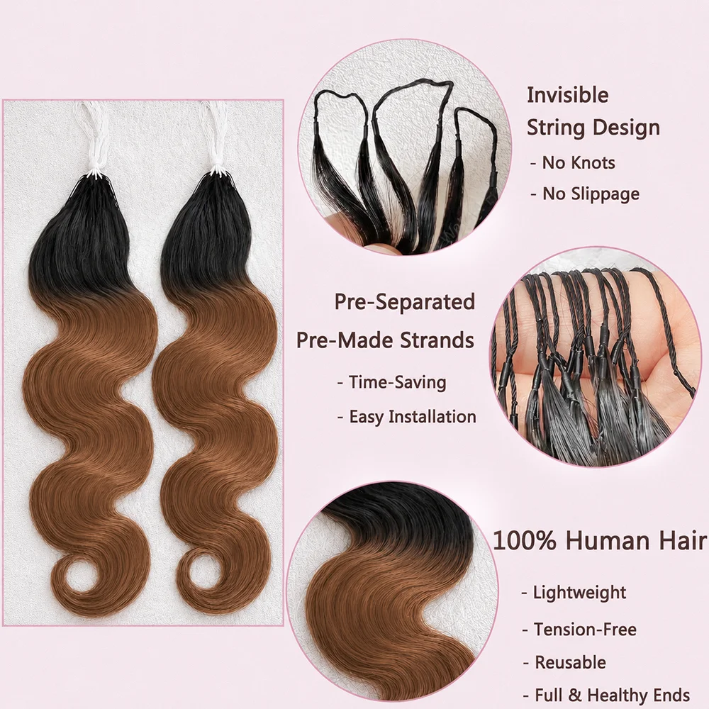 Premium TB30 Ombre Highlight Body Wave Feather Crochet Human Hair Extensions 15A Grade Miracle Knots Knotless Invisible Pre Looped Hair Pre Separated Boho Braiding Style For Women