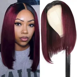 Peluca de cabello humano liso con cierre Frontal para mujer, postizo de encaje Frontal 13x4, corte bob, 1B/99J