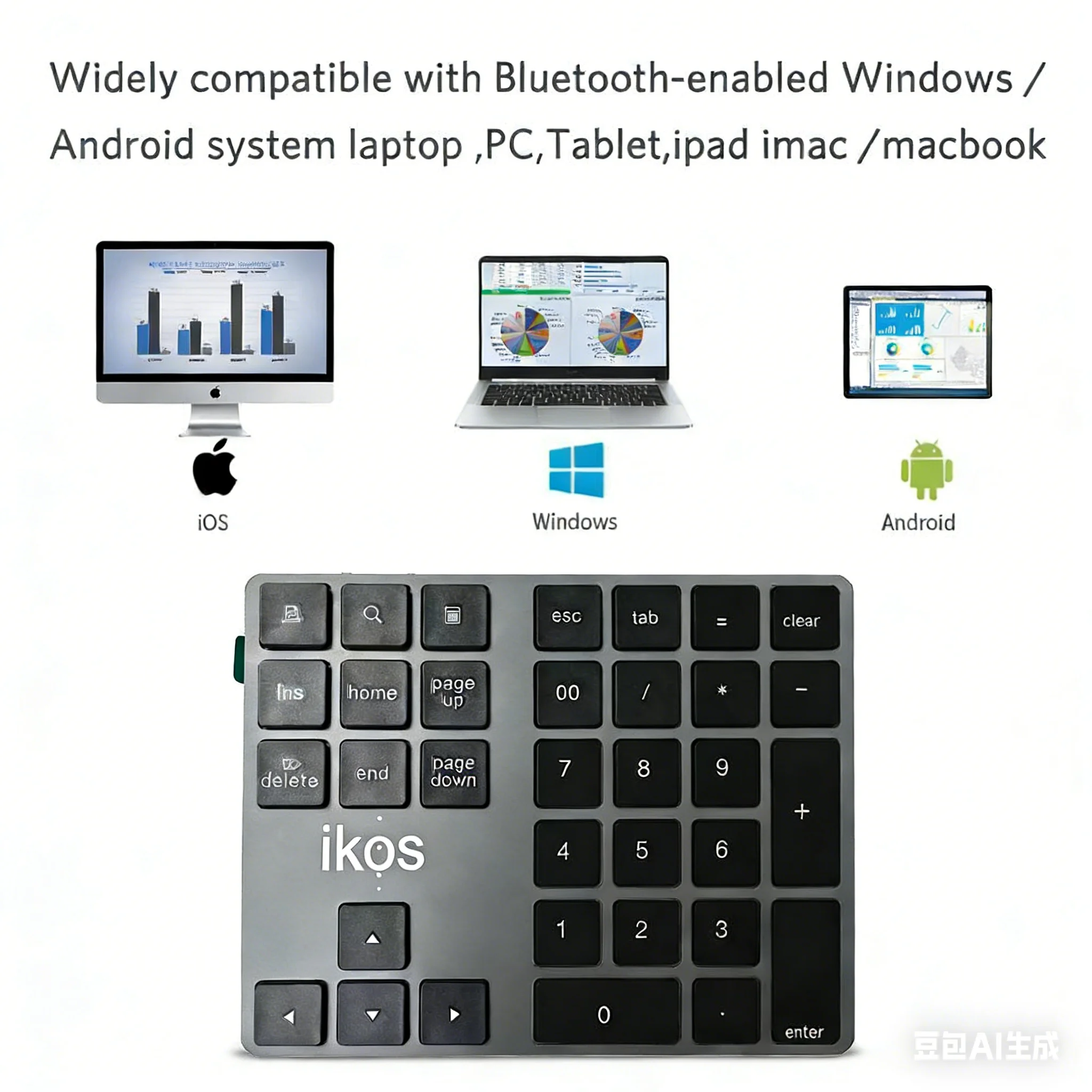 IKOS Wireless Bluetooth Numeric Keyboard, Type-C Rechargeable, 34-Keys forData Entry, Compatible forLaptop, Mac, iMac, Tablet,PC