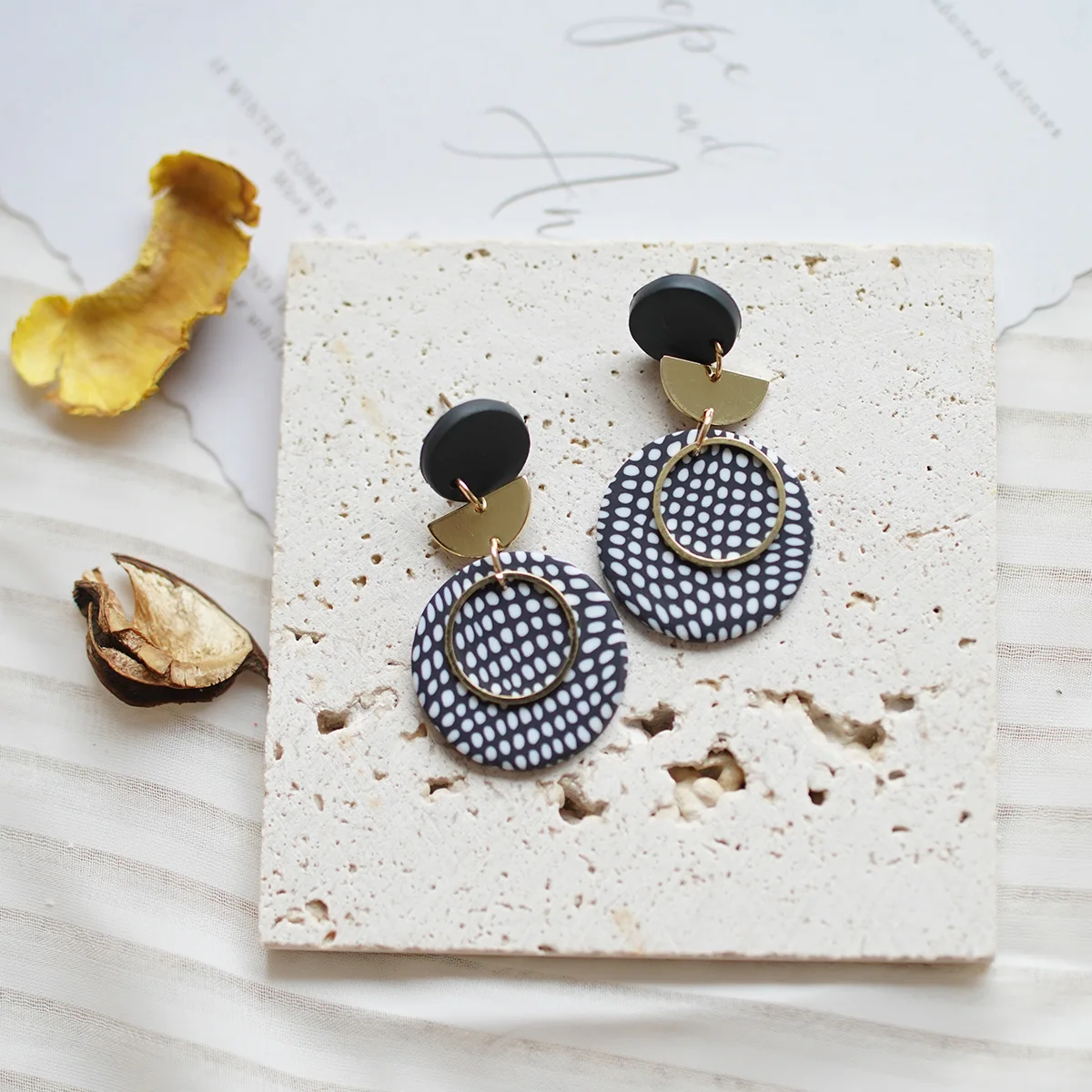 Artsy Black White Patterned Clay Earrings Minimalist Geometric Dangle Abstract Dalmatian Jewelry Monochrome Statement Earrings