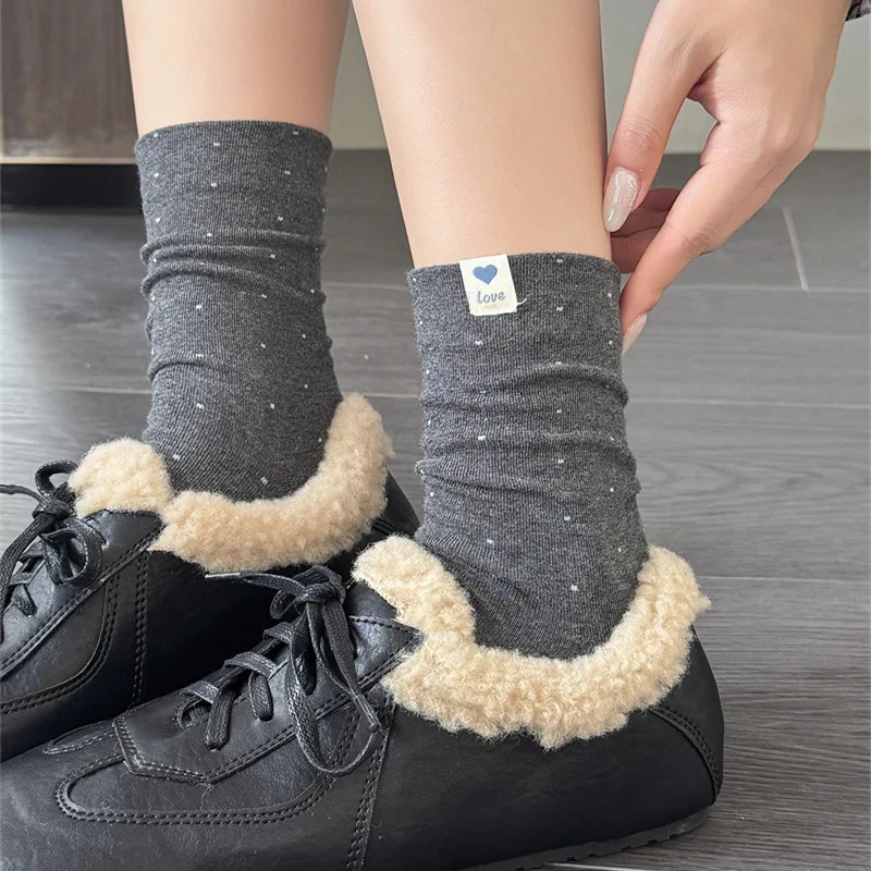 Autumn and Winter New Polka Dot Women's Socks Korean Love Cloth Label Medium Tube Socks Women College Style Cotton Long Socks