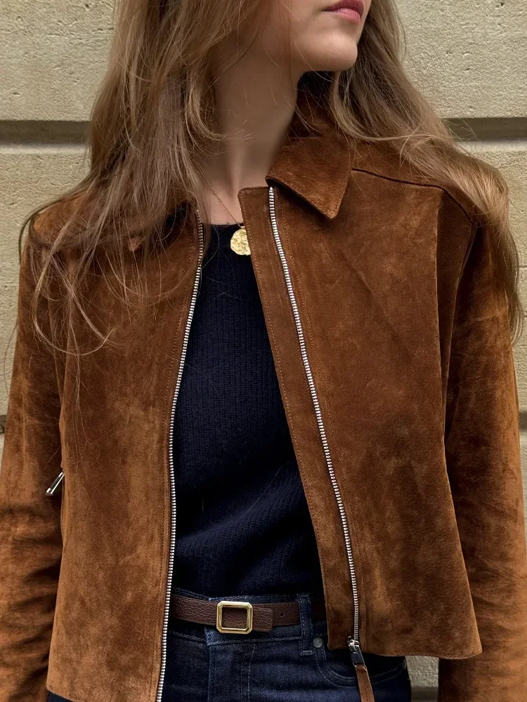 

Women Suede Jacket 2025 Vintage Lapel Neck Long Sleeve Zip Up Streetwear Coats Chic Loose Fit Lady Commute Fashion Outerwears