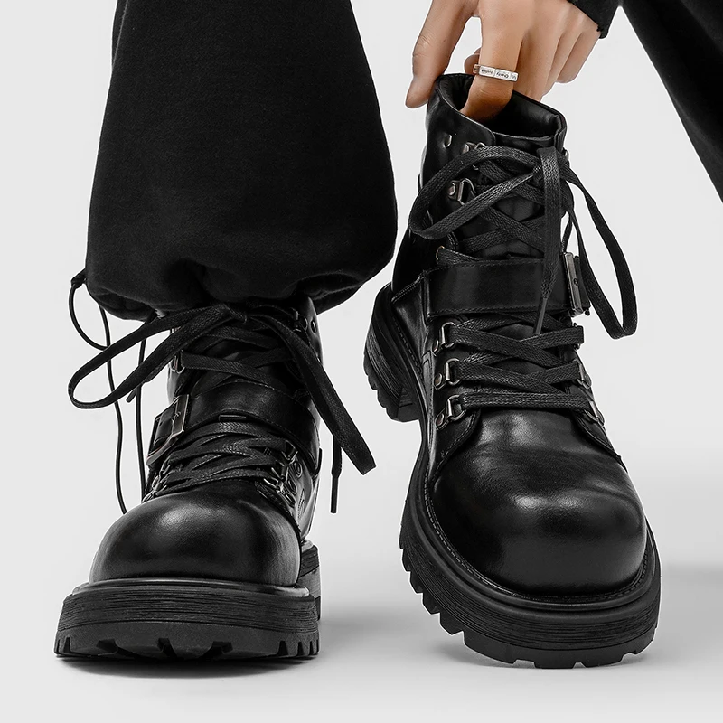 Men's Round Toe Motorcycle Boots Lace-Up Buckle Strap British Workwear Casual New