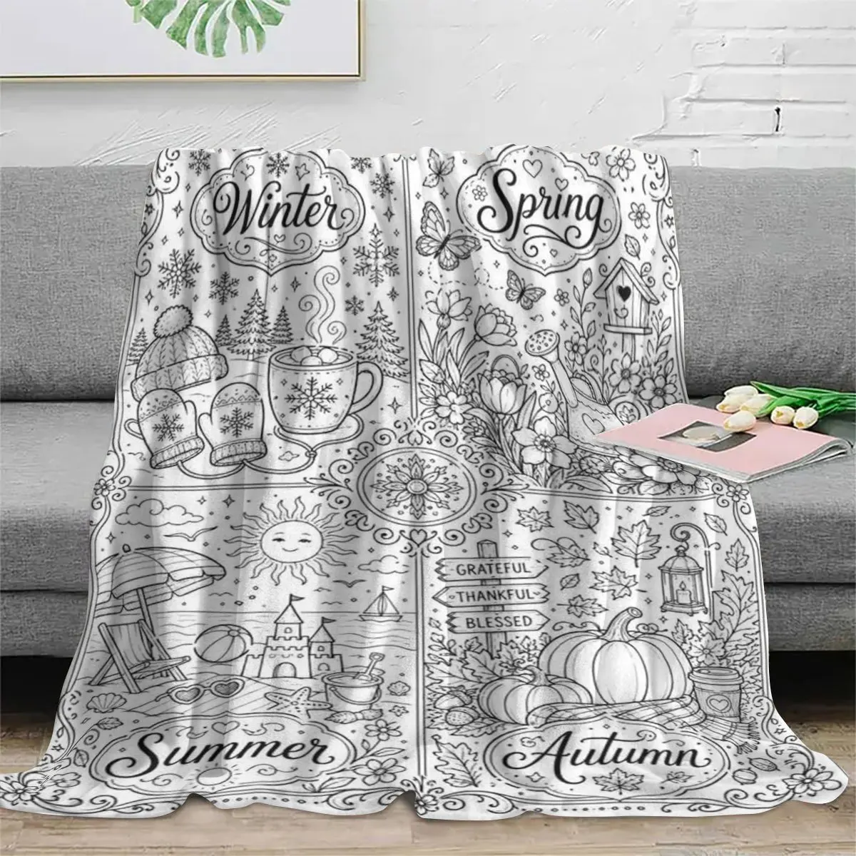 1pc Hand‑Drawn Four‑Seasons‑Print Throw Blanket, Sofa Decor, Skin‑Friendly DIY Coloring Home Gift