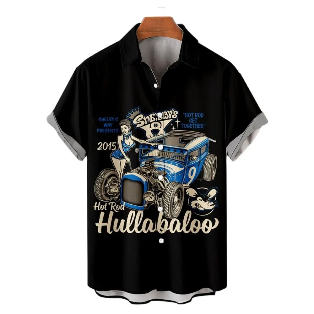 Blusa rockabilly vintage masculina, estampada em 3D, camisa havaiana, camisa casual de lapela vocacional masculina, manga curta praia de verão