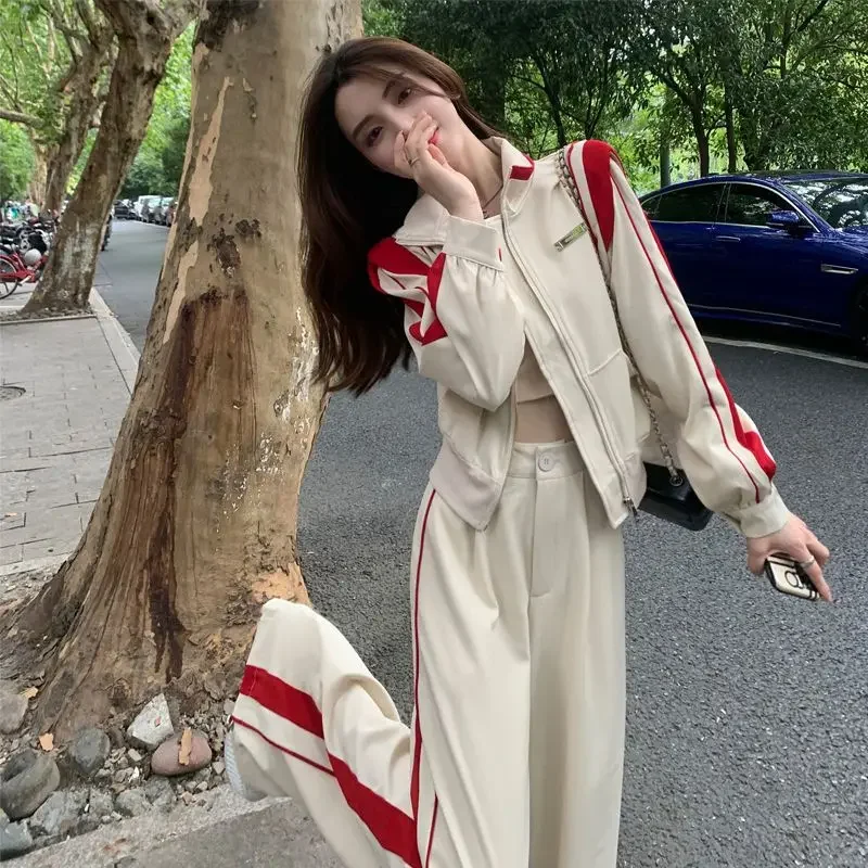 

3 Piece Sets Womens Outifits Zipper Short Jacket + Simple Vest + High Waisted Wide Leg Pants Casual Contrast Color Women Suits