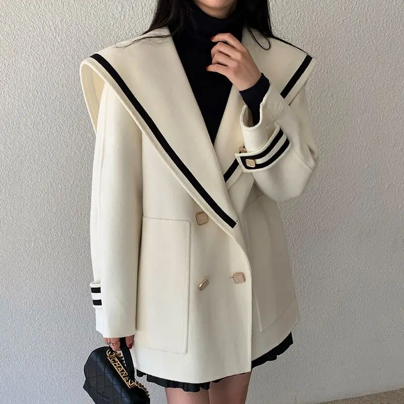 

Woolen Coat Contrasting Stripes Double-Breasted Large Lapel Retro Casual Coat Loose Woolen Coat 2024 Autumn New Style