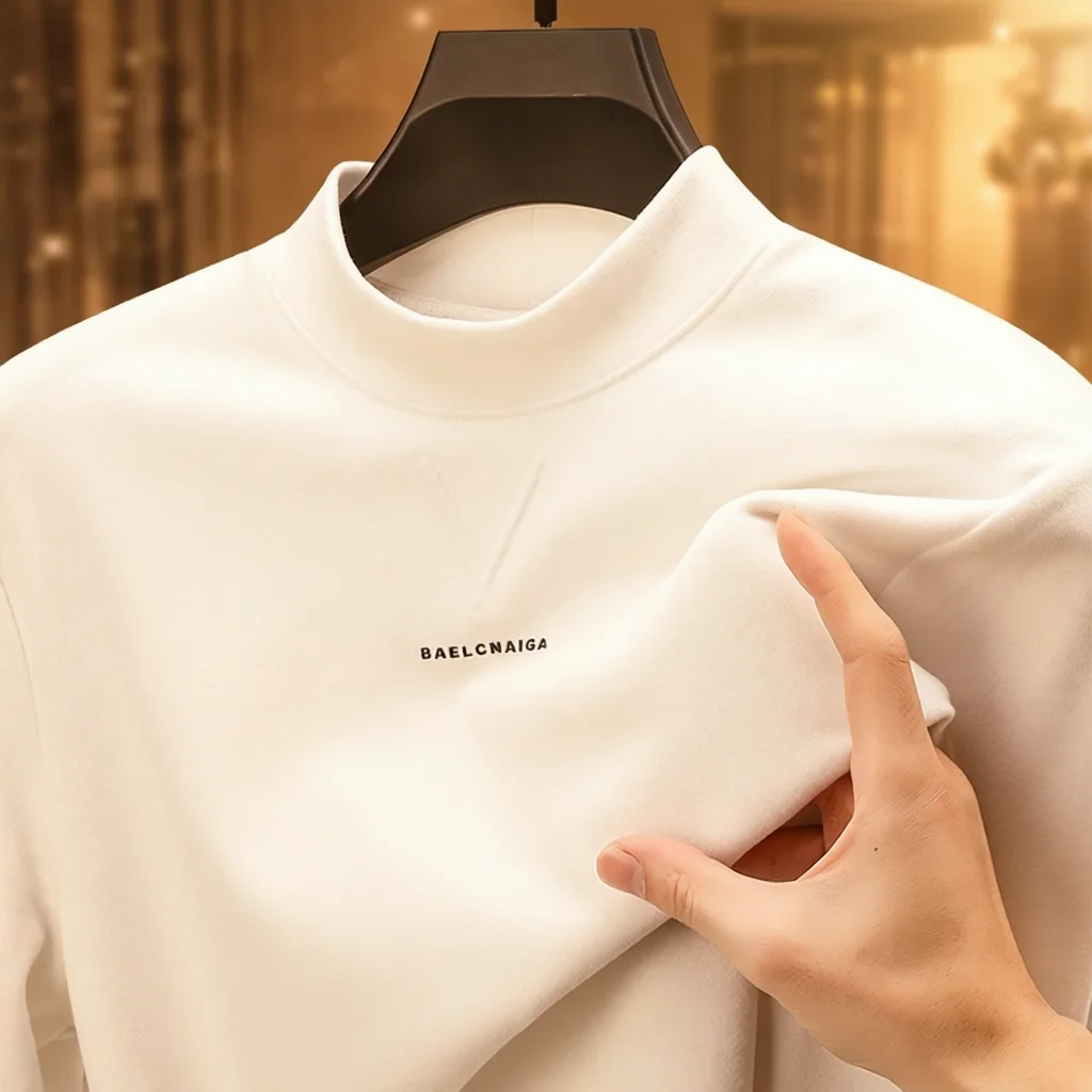 Autumn New Luxury Quality Men's T-Shirt Mock Neck Double-sided German Velvet Long Sleeve British Fashion Casual Simple Menswear