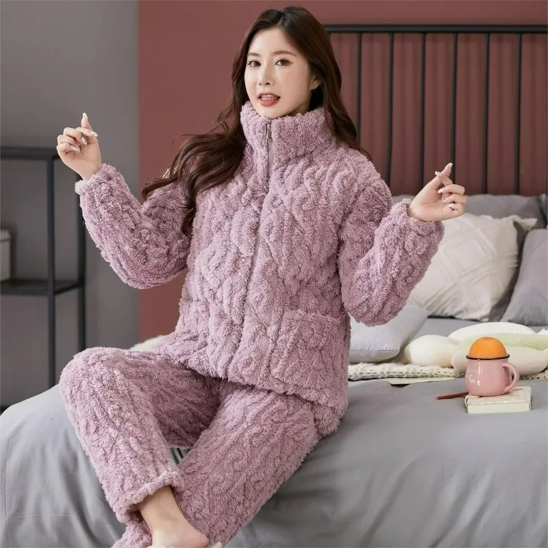 

Pajamas Women Winter Coral Velvet Thickened Plush Three-layer Cotton Sandwich Flannel Household Clothes Cotton Padded Jacket