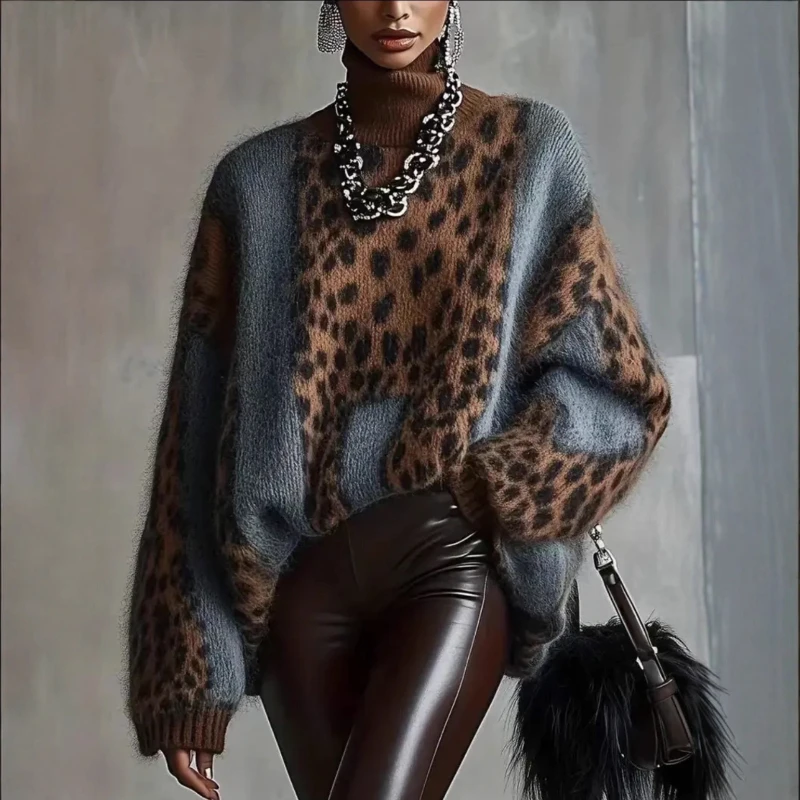2026 Spring New Lazy Style Leopard Pattern Loose Retro Splicing Knitted Sweater for Women