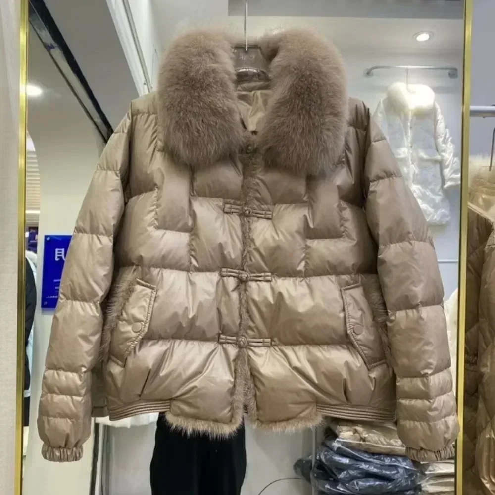 2024 Real Fox Fur Collar Winter Women White Duck Down Jacket Ladies Short Warm Puffer Coat Female Loose Vintage Parka Outerwear