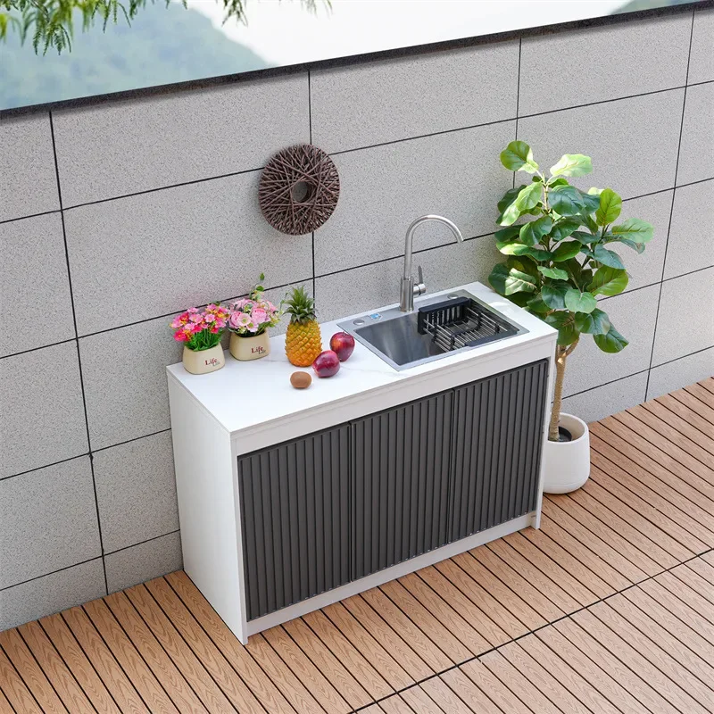 Outdoor Rock Slab Washbasin with Aluminum Alloy Cabinet Door Aluminum Honeycomb Console Multi-functional Island Locker for