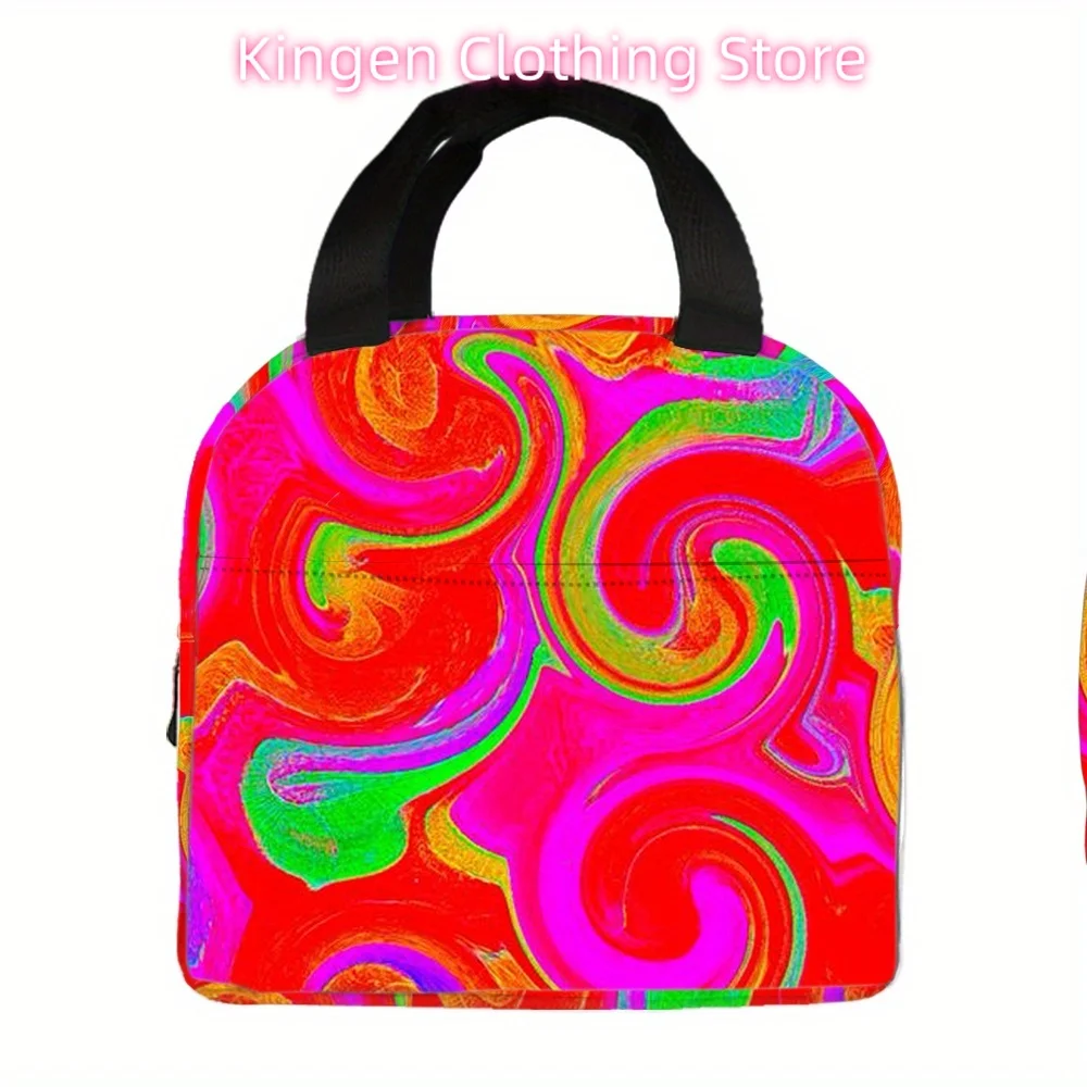 Reusable Lunch Bag - Large Capacity, Vibrant Psychedelic Swirl Design, Oxford Fabric, Perfect for Work, Picnics, and Travel