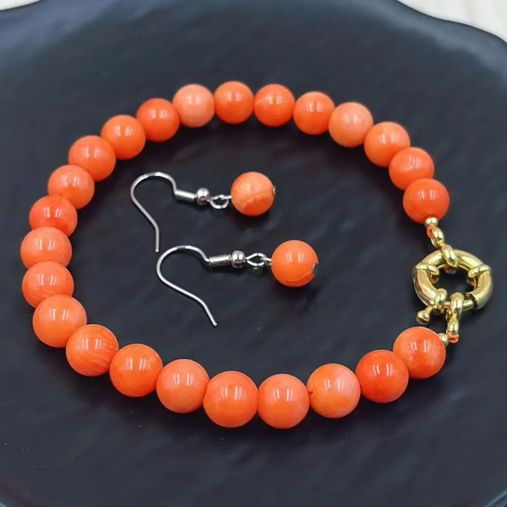 7-8mm Genuine Round Natural Bamboo Orange Coral  Stud Earrings Elastic Bracelet Woman Jewelry Set