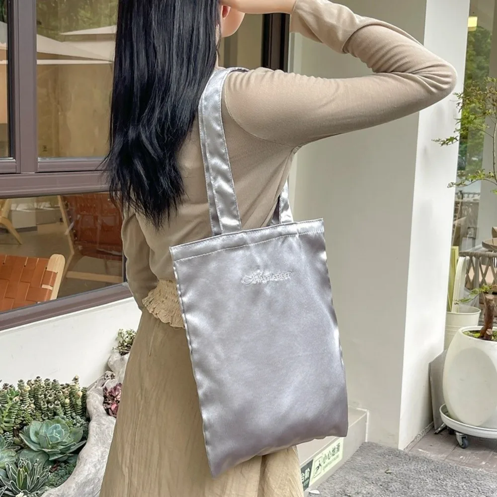 

Letter Embroidery Satin Silk Tote Bag Large Capacity Foldable Canvas Shoulder Bag Lightweight Versatile Simple Underarm Handbag
