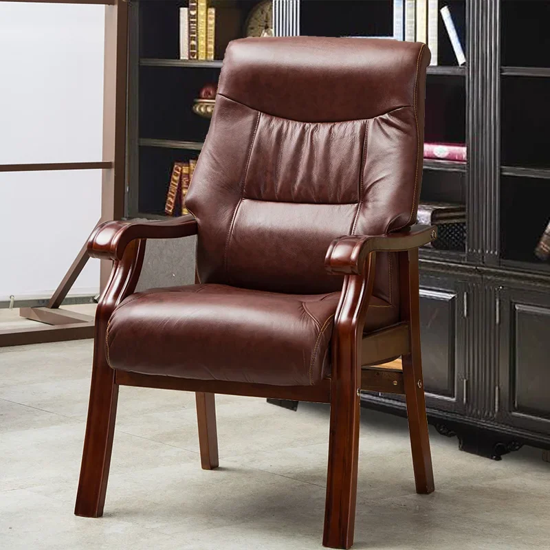 Solid Wood Leg Office Chair Leather Vintage Design Relaxing Armrest Gaming Office Chair Executive Salon Styling Chaise Furniture