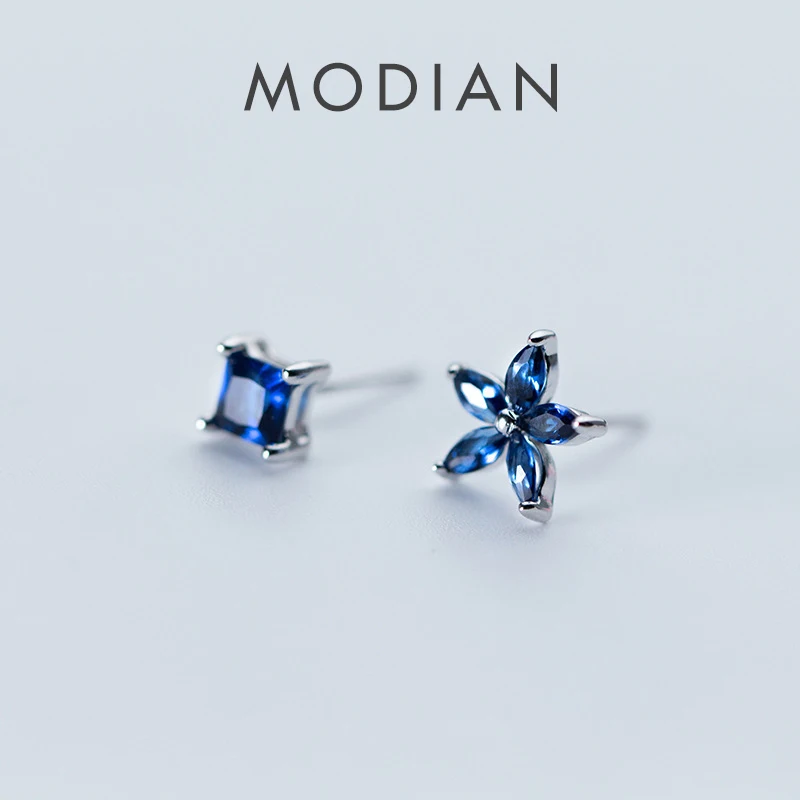 Modian Exquisite Luxury Blue Flower Plant Square Zircon Jewelry For Women Real 925 Sterling Silver Fashion Female Stud Earrings