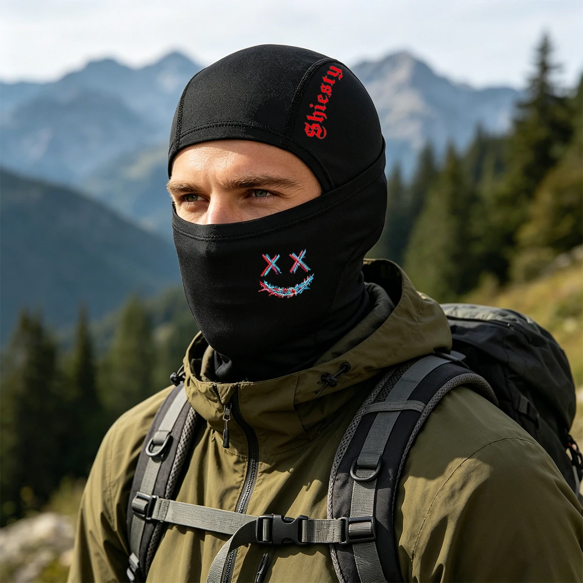 [SHIESTY Balaclava Hat] - Breathable Ice Silk Design And Grimace Print Design, Suitable For Outdoor Sports, Headgear, Ski Masks