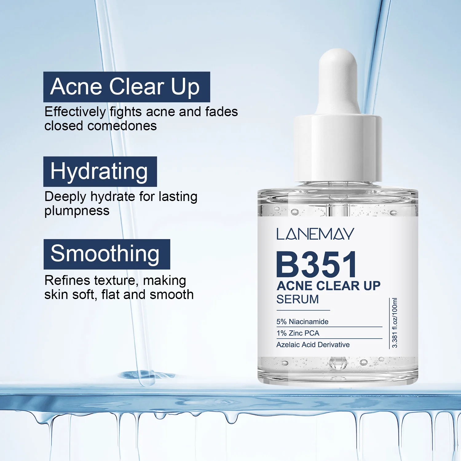 B351 Acne Clear Up Serum – 5% Niacinamide 1% Zinc PCA for Clearing Breakouts, Fading Closed Comedones, Deeply Hydrating.