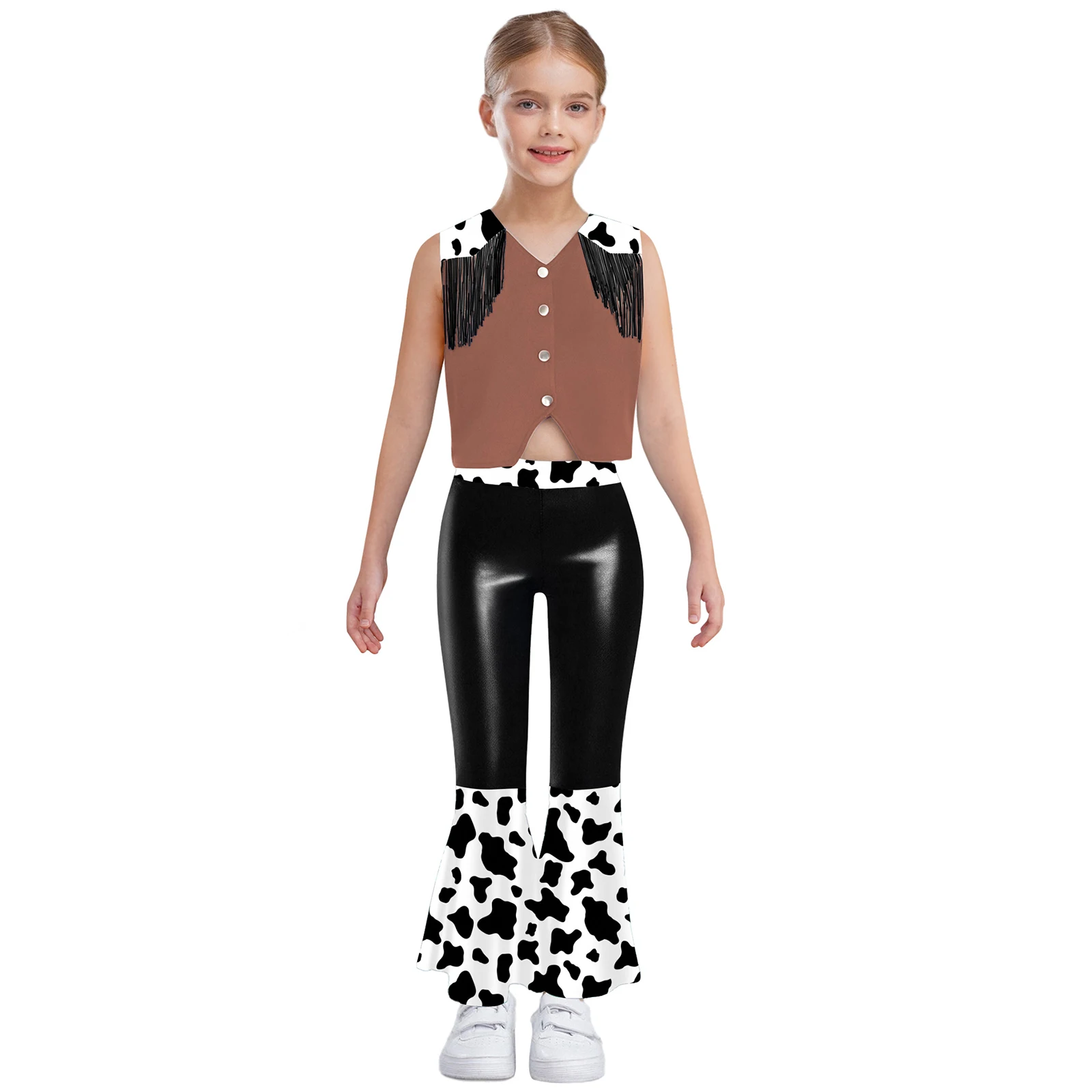 

Children Girl Western Cowgirl Hippie Disco Costume Print Tassel Vest with Bell-Bottom Pants for Halloween Carnival Party Cosplay