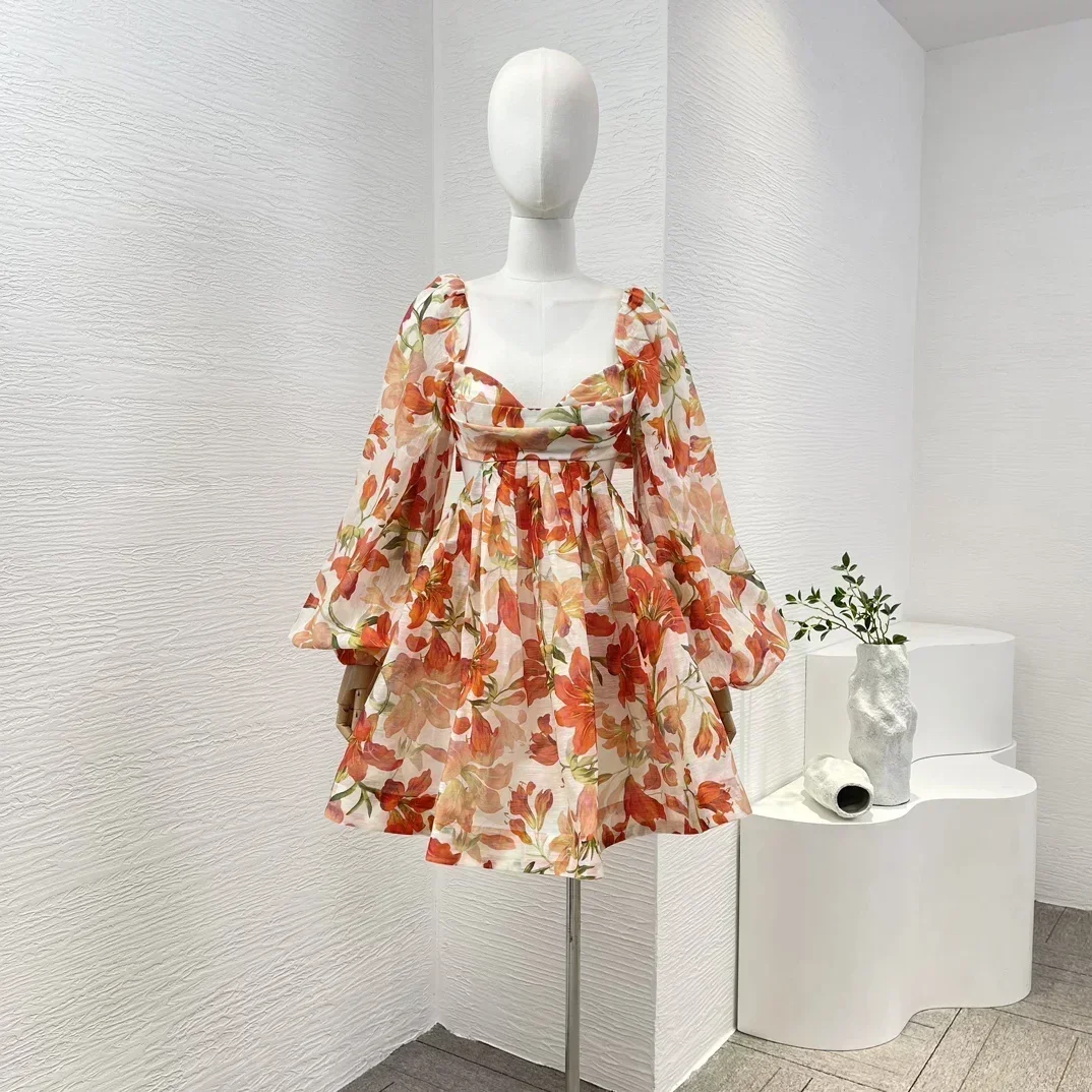 Stretchable Back Straps New Women Clothing 2024 Silk Linen Orange Sweet Floral Print Backless Long Lantern Sleeve Mini Dress