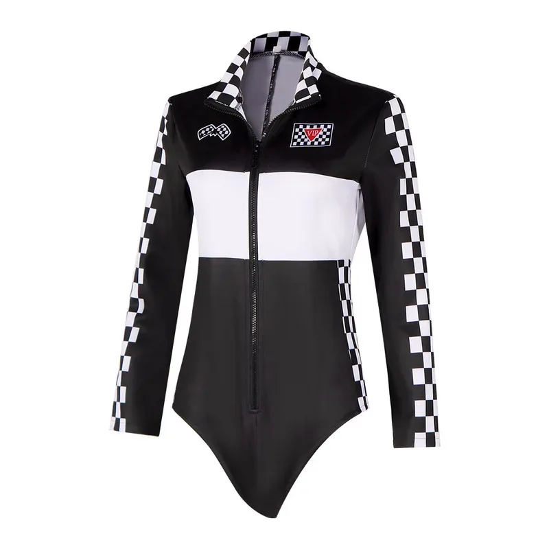 بدلة سباق السيارات النسائية رومبير أزياء الهالوين التأثيرية موضوع الشطرنج طباعة كم طويل بويشورتس المتسابق بذلة  #6